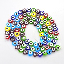 Mixed Color Handmade Evil Eye Lampwork Bead Strands, Flat Round, Mixed Color, 10x10x3mm, Hole: 1mm, about 45pcs/strand, 16 inch