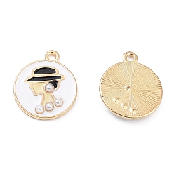 Light Gold Alloy Enamel Pendants, with ABS Imitation Pearl, Lead Free & Cadmium Free, Flat Round with Lady Charm, Light Gold, 19x16x2.5mm, Hole: 1.6mm