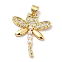 Clear Brass Micro Pave Cubic Zirconia Pendants, with Plastic Imitation Pearl Bead, Long-Lasting Plated, Real 18K Gold Plated, Dragonfly, Clear, 26.5x22.5x3mm, Hole: 3.5x4mm
