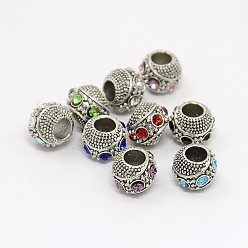 Mixed Color Antique Silver Zinc Alloy Pave Grade A Rhinestone European Beads, Rondelle, Mixed Color, 11x9mm, Hole: 5mm