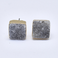 Gray Natural Dyed Druzy Quartz Stud Earrings, with Brass Findings, Square, Golden, Gray, 9~11x9~11x4~7mm, Pin: 0.7mm