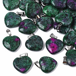 Ruby in Zoisite Heart Natural Zoisite Pendants, with Platinum Tone Brass Findings, 20~22x20~21x5~8mm, Hole: 2x7mm