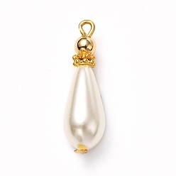 White Glass Pearl Pendants, Painted, with Brass Findings, Golden, Teardrop, White, 25x7.5mm, Hole: 1.5mm