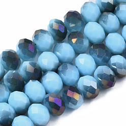 Light Sky Blue Electroplate Opaque Glass Beads Strands, Half Purple Plated, Faceted, Rondelle, Light Sky Blue, 8x6mm, Hole: 1mm, about 65~68pcs/strand, 15.7~16.1 inch(40~41cm)