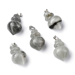 Labradorite Natural Labradorite Pendants, Pointed Bottle Charms, with Platinum Plated Iron Snap on Bails, 32.5~35x16~17mm, Hole: 3x5.5mm