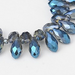 Steel Blue Electroplate Glass Beads Strands, Top Drilled Beads, Faceted Teardrop, Full Rainbow Plated, Steel Blue, 12x6mm, Hole: 1mm, about 100pcs/strand, 15.7 inch