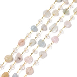 Morganite Faites à la main des chaînes de perles morganite naturelles, avec perles de verre rondelles et chaînes forçat en laiton, plaqué longue durée, non soudée, avec bobine, nuggets, or, lien: 2x1.5x0.3 mm, pierres fines perles: 6~12x6~6.5x4~4.5 mm, perles de verre: 4x3 mm, environ 32.8 pieds (10 m)/rouleau