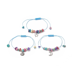 Colorful 3Pcs 3 Style Moon & Star & Sun Charm Bracelets Set, Synthetic Turquoise Chips Braided Bead Bracelest for Women, Colorful, Inner Diameter: 3/8~3-5/8 inch(1.1~9.1cm), 1Pc/style