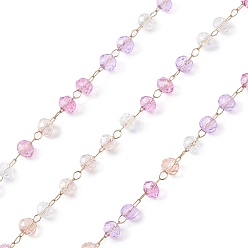 Rose Nacré Main chaînes de perles de verre, facette, non soudée, avec 304 inoxydable chaînes en acier, or, ronde, perle rose, 3x2.5mm