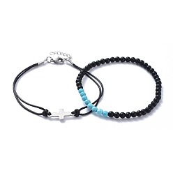 Stainless Steel Color Men's Bracelets Sets, with Natural Lava Rock Beads, Faceted Synthetic Turquoise(Dyed) Beads, 304 Stainless Steel Findings and Korean Waxed Polyester Cord, Stainless Steel Color, 7-1/2 inch(19cm), 2mm, 2-3/8 inch(5.9cm), 2pcs/set