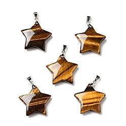 Tiger Eye Natural Tiger Eye Pendants, with Platinum Tone Brass Findings, Star Charm, 29x30x8mm, Hole: 6x4mm