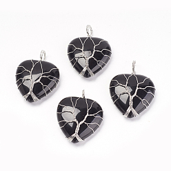 Black Agate Natural Black Agate Pendants, with Brass Findings, Heart, Dyed & Heated, Platinum, 39~42x30~31x10~11mm, Hole: 5mm