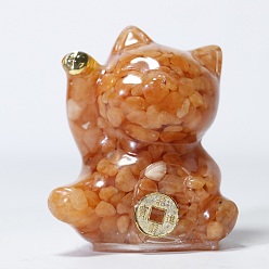 Piedra del Sol Decoraciones de exhibición artesanales de resina y chips de piedra solar natural, figura de gato de la suerte, para el hogar adorno de feng shui, 63x55x45 mm