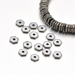Antique Bronze Plated Hexagon Non-magnetic Synthetic Hematite Beads Strands, Imitation Pyrite, Antique Bronze Plated, 5x5x1mm, Hole: 1mm, about 375pcs/strand, 16.1 inch