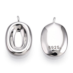 Real Platinum Plated Rhodium Plated 925 Sterling Silver Charms, Oval Charms, Nickel Free, with S925 Stamp, Real Platinum Plated, 14x9x2.5mm, Hole: 1mm
