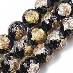 Noir Cordes de perles de lampwork en sable dorées faites à la main, moitié feuille d'argent et moitié feuille d'or, ronde, noir, 11.5~12.5x11~12mm, Trou: 1.2mm, Environ 45 pcs/chapelet, 20.08 pouce