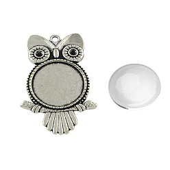 Antique Silver Pendant Making Sets, with Alloy Pendant Cabochon Settings and Glass Cabochons, Owl, Cadmium Free & Nickel Free & Lead Free, Antique Silver, Tray: 20mm, 45x29x2.5mm, Hole: 2.5mm, 19.5~20x5.5mm