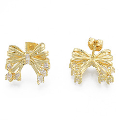 Real 18K Gold Plated Bowknot Brass Clear Cubic Zirconia Stud Earrings for Women, Nickel Free, Real 18K Gold Plated, 15x17mm, Pin: 0.7mm