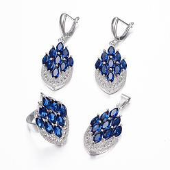 Bleu Foncé Ensembles de bijoux en zircone cubique à micro-cuivres en laiton, pendentifs & boucles d'oreilles et anneaux, marquise / oeil de cheval, platine, bleu moyen, taille 9 (19mm), 38.5x17x5.5mm, trou: 5.5x4 mm, 49x17x5.5 mm, pin: 1 mm