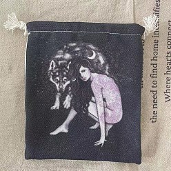 Prusia Azul Bolsa de almacenamiento de cartas de tarot, tarot de tela mochilas de cuerdas, rectángulo con patrón de mujer, null, 18x13 cm