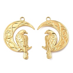 Real 18K Gold Plated 304 Stainless Steel Pendants, Moon with Bird Charm, Real 18K Gold Plated, 36x24x3mm, Hole: 3mm