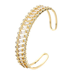Clear Cubic Zirconia Rectangle Open Cuff Bangle, Real 18K Gold Plated Brass Jewelry for Women, Nickel Free, Clear, Inner Diameter: 2-1/2 inch(6.2cm)