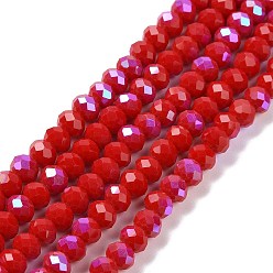 Dark Red Electroplate Opaque Solid Color Glass Beads Strands, Half Rainbow Plated, Faceted, Rondelle, Dark Red, 3.5x3mm, Hole: 0.4mm, about 123~127pcs/strand, 13.7~14.1 inch(35~36cm)