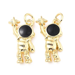 Black Brass Enamel Pendants, with Jump Ring, Long-Lasting Plated, Real 18K Gold Plated, Astronaut & Star, Black, 20x10x3mm, Jump Ring: 5x0.8mm, 3.4mm Inner Diameter
