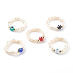 Mixed Color Natural Cultured Freshwater Pearl Beaded Stretch Rings, with Handmade Evil Eye Lampwork Round Beads and Real 18K Gold Plated Brass Beads, Mixed Color, Inner Diameter: 19mm