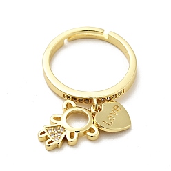 Real 18K Gold Plated Girl & Heart with Word Love Charms Clear Cubic Zirconia Adjustable Ring, Brass Jewelry for Women, Real 18K Gold Plated, US Size 7 1/4(17.5mm)