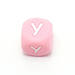 Letter Y Силиконовые бусины с алфавитом для изготовления браслетов или ожерелий, стиль письма, розовый куб, letter.y, 12x12x12 мм, отверстие : 3 мм