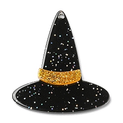 Goldenrod Halloween Theme Translucent Acrylic Pendants, Glitter Witch Hat Charms, Goldenrod, 40x35.5x4mm, Hole: 1.8mm