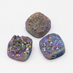 Purple Plated Electroplated Natural Druzy Quartz Crystal Beads, Square, Purple Plated, 14~15x14~15x8~9mm, Hole: 1.5mm