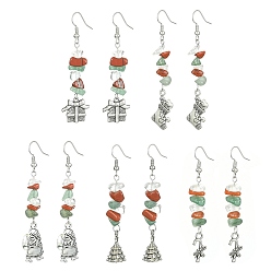 Mixed Shapes Boucles d'oreilles pendantes en alliage de style tibétain, thème de noël, avec épingles en laiton, boucles d'oreilles en jaspe rouge naturel, aventurine verte et perles de verre, formes mixtes, 66~68x9~16mm