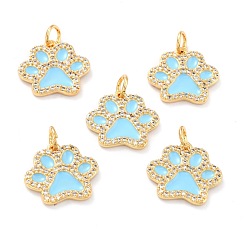 Light Blue Real 18K Gold Plated Brass Micro Pave Cubic Zirconia Charms, with Jump Ring and Enamel, Long-Lasting Plated, Dog Paw Prints, Light Blue, 13.5x15x2mm, Jump Ring: 5x1mm, 3mm Inner Diameter
