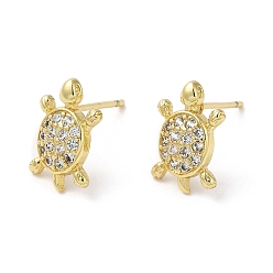 Real 18K Gold Plated Rack Plating Brass Tortoise Stud Earrings with Cubic Zirconia, Lead Free & Cadmium Free, Real 18K Gold Plated, 13x8.5mm