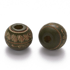 Olive Painted Natural Wood Beads, Laser Engraved Pattern, Round with Leave Pattern, Olive, 10x9mm, Hole: 2.5mm