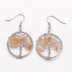 Citrine Dangle Earrings, with Natural Citrine Beads and Brass Hooks, Ring with Tree of Life, 50mm, Pin: 0.6mm