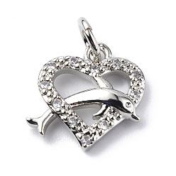 Platinum Brass Micro Pave Cubic Zirconia Charms, with Jump Ring, Heart with Dolphin Charms, Platinum, 12x12x2.8mm, Hole: 3.2mm