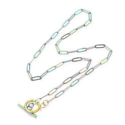Rainbow Color Unisex Vacuum Plating 304 Stainless Steel Paperclip Chain Necklaces, with Toggle Clasps, Rainbow Color, 17.71 inch(45cm)