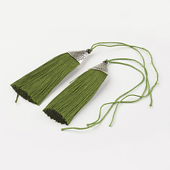 Vert Jaune Nylon pompon grandes décorations pendantes, avec du plastique ccb, argent antique, vert jaune, 85x20x10.5mm