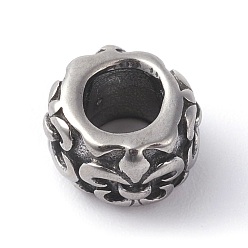 Antique Silver 316 Surgical Stainless Steel European Beads, Rondelle with Fleur De Lis, Antique Silver, 9~9.5x6mm, Hole: 4.5mm