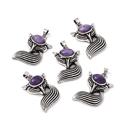 Charoite Natural Charoite Pendants, Fox Charms, with Antique Silver Color Brass Findings, 29x19x8mm, Hole: 4~5x3.5mm