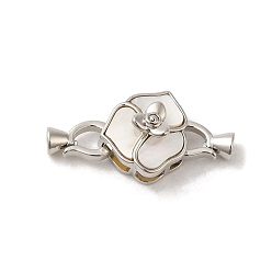 Real Platinum Plated Brass Fold Over Clasps with Shell, Flower, Real Platinum Plated, Flower: 13x14x8mm, Clasp: 10.5x6x4mm, Inner Diameter: 3mm