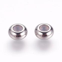 Stainless Steel Color 202 Stainless Steel Beads, with Rubber Inside, Slider Beads, Stopper Beads, Rondelle, Stainless Steel Color, 6x3mm, Rubber Hole: 2mm