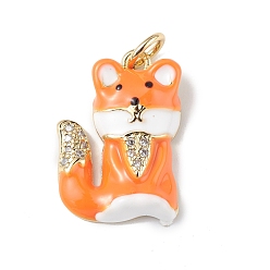 Orange Rack Plating Brass Micro Pave Cubic Zirconia Pendants, with Enamel & Jump Ring, Lead Free & Cadmium Free, Long-Lasting Plated, Fox Charm, Real 18K Gold Plated, Orange, 18.5x13x4mm, Hole: 3.5mm