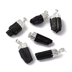 Silver Natural Black Tourmaline Pendants, Nuggets Charms, with Brass Findings, Cadmium Free & Lead Free, Silver, 23~33x8.5~15x6~11.5mm, Hole: 5x8mm