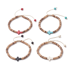 Mixed Color Dyed Synthetic Turquoise Corss & Coconut Disc Braided Bead Bracelet for Women, Mixed Color, Inner Diameter: 2-1/2 inch~3-3/4 inch(6.4~9.5cm)