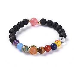 Mixed Stone Universe Galaxy The Nine Planets Guardian Star, Natural Lava Rock and Natural Mixed Gemstone Beaded Stretch Bracelets, with Brass Findings, 2-1/4 inch(5.6cm)