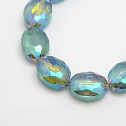 Medium Aquamarine Faceted Electroplate Crystal Glass Oval Beads Strands, Rainbow Color Plated, Medium Aquamarine, 16x12x7mm, Hole: 1mm, about 50pcs/strand, 25.1 inch